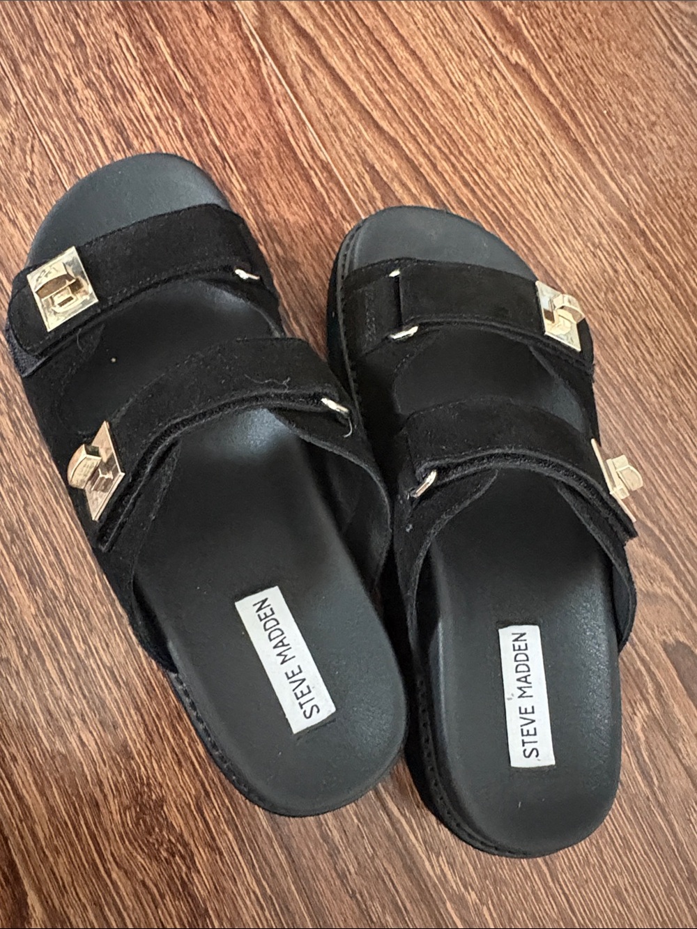 Steve Madden Black Suede Double Strap Slide Sandals with Gold Buckles - Picture 8 of 12